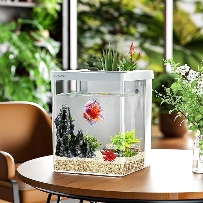 ERAARK Smart Betta Fish Tank 1.5 Gallon Aquarium with Filter LED Light, Water Pump, Fish Bowl (White)
