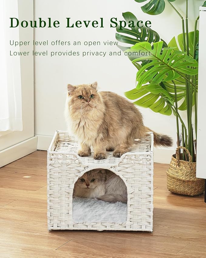 SETVSON Cat Beds Indoor Kitten House, Handwoven Rattan Cave, White | 2-in-1 Kitty Condo with Top Perch & Bottom Cave, Furry Canvas Dual Cushion, 2 S-Hooks, Steel Frame, 16.5x16.5x13.2 In