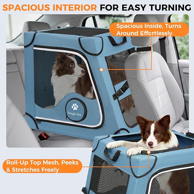 Snagle Paw Portable Dog Crate for Car Travel,Metal Frame Pet Crate,Pet Carrier for Car Back Seat Secures with Headrest Strap and Seatbelt,L