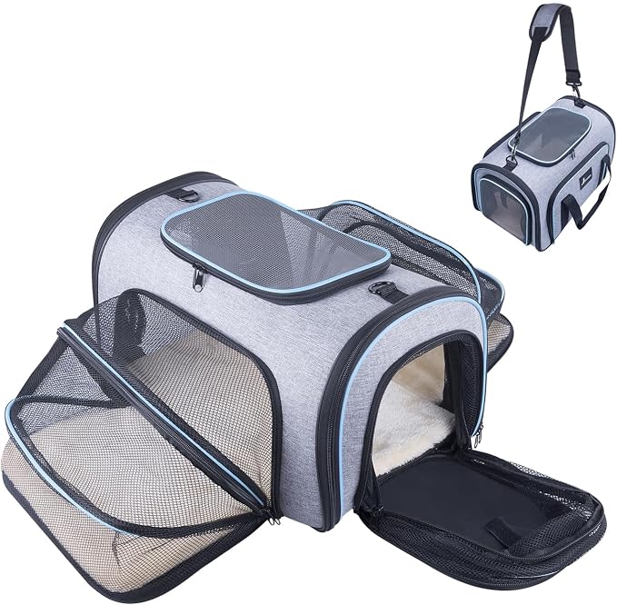 Pet Carrier Airline Approved, 4 Sides Expandable Cat Carrier Bag with Removable Fleece Pad, Large Soft Sided Pet Travel Carrier, Dog Carrier for Cats, Puppy and Small Dogs