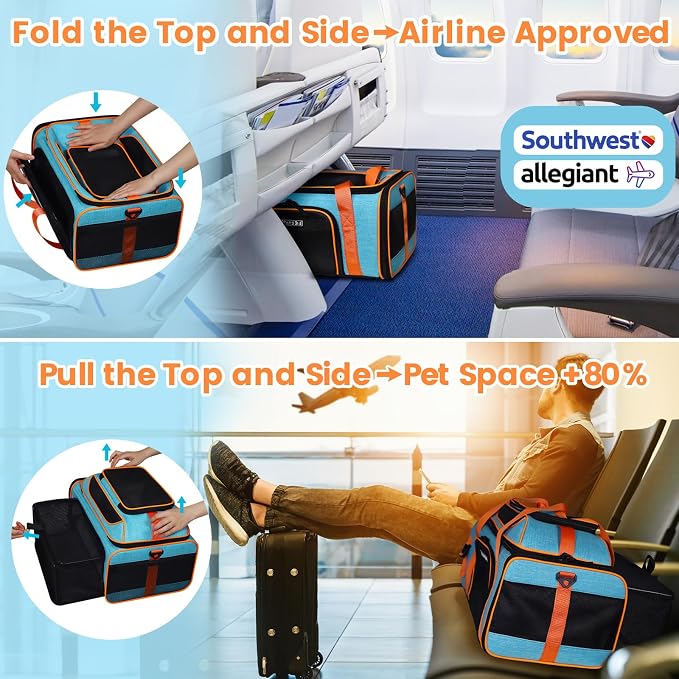 Top and Side Expandable Pet Carrier Airline Approved, Blue | 19"L x 13"W x 9"H, for Southwest Allegiant Airlines, Lockable Safety Zippers and Anti-Scratch Mesh, Pets Under 12 lbs