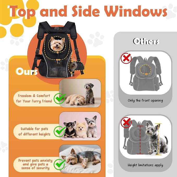 WOYYHO Pet Dog Carrier Backpack with Windows, Ventilated Small Dog Backpack | Breathable Top & Side Windows, Safety Belt, Storage Pockets, Small Dog Front Backpack, for Travel Hiking Outdoor, Black2.0, S