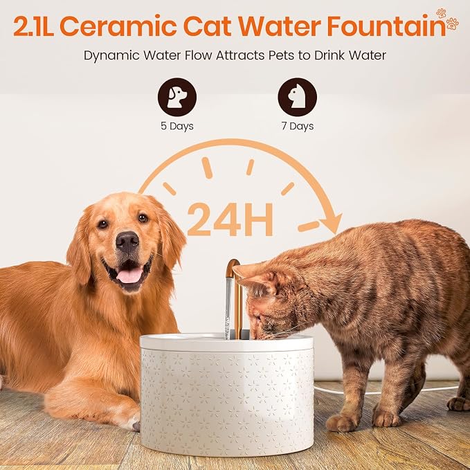 MISFANS Ceramic Cat Water Fountain, 2.1L/71oz, Firework-Embossed Design | All-Ceramic Bowl and Lid, Pure Copper Spout, Under 20dB Pump, Dual Filtration, 2 Flow Modes, 3 Filters and Sponge