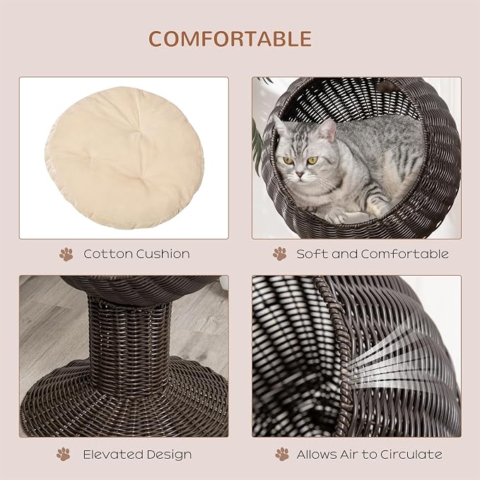 PawHut Elevated Cat Bed with Rotatable Egg Chair Pod, Cat Basket Bed with Thick Cushion, Natural Mat Grass Woven Kitty House, Coffee | Cat Basket Bed, Natural Mat Grass Woven Kitty House