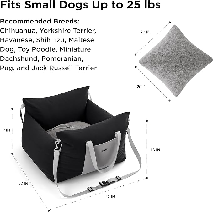 Lesure Dog Car Seat for Small Dogs,Booster Car Bed for Puppy Under 25lbs | Soft Pet Carseat with Clip-On Safety Leash and Thickened Memory Foam Filling,Dog Travel Carrier Bed with Storage Pocket,Black