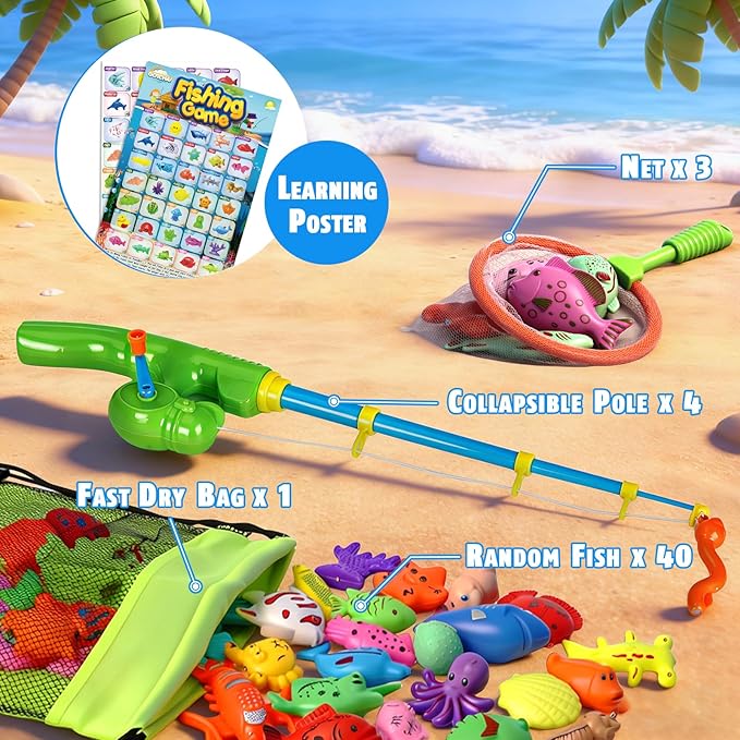 CozyBomB™ Magnetic Fishing Toys Game Set for Kids | Water Table Bathtub Kiddie Pool Party Pole Rod Net, Outdoor Plastic Floating Fish, Toddler Bath Color Ocean Sea Animals Birthday Gift Age 3-5 6 4-8