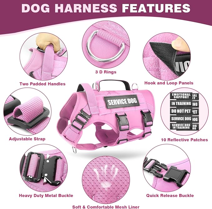 Tactical Dog Harness with Dog Leash, Service Working MOLLE Vest with 10 Pet Patches for Dog, No Pull Military Harness and Backpack for Training Hunting Walking
