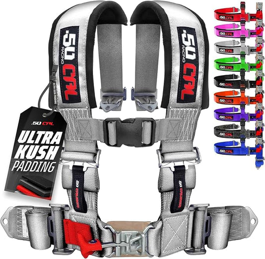 1pc 50 Cal Silver 4 Point Harness 3" straps, Racing Harness Seat Belt | Ultra Kush padding, Push Button quick release hardware. Universal Fit for UTV, RZR, race car