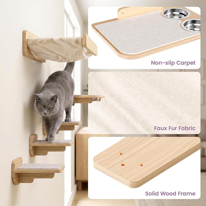 Cat Wall Shelves - Wall Mounted Cat Shelves with Feeding Station | Natural Wood Finish, Solid Pinewood, Beige Carpet, Supports Up to 33 lbs, Stainless Bowls, Dog-proof, Lounging, Climbing