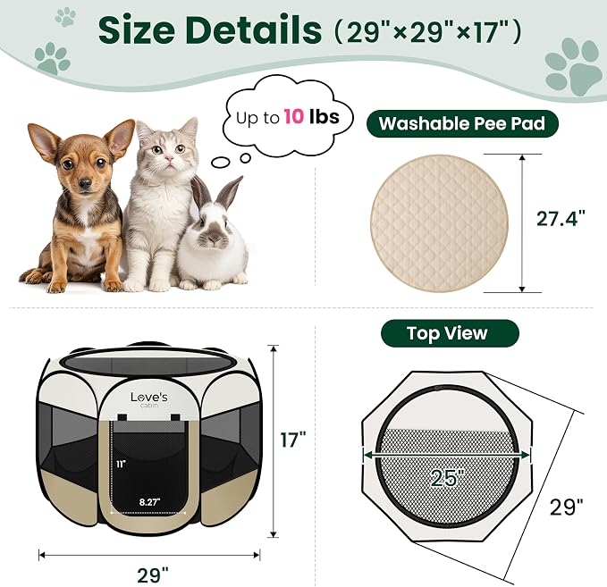 Love's cabin Dog Playpen with Washable Pee Pad, Puppy Pet Cat Playpen Small Dogs Tent Crate Indoor/Outdoor, Portable Pop Up Kennel with Carrying Case for Cats/Rabbits(Khaki,Small with pad)