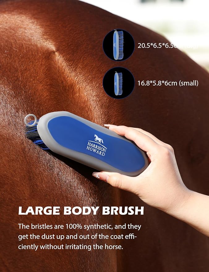 Harrison Howard Horse Grooming Kit 9 Piece with Tote, Non-Slip Silicone Grip Brush Set for Horses, Shedding Bathing Daily Care, Beginner Friendly Deep Blue