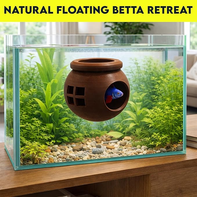 Floating Cozy Betta House, Natural Floating Betta Hide Out, Aquarium Hammock, Relaxing & Stress Relief, Suction Cup Included, 2.9" W x 2.6" H