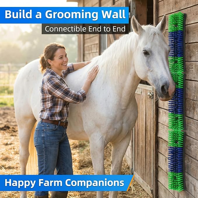 Livestock Scratching Brush 4 Pack, Itch Relief Goat Scratching Post | Wear-Resistant Nylon Bristles, 16 Heavy-Duty Screws, Horse & Goat Scratching Post for Large Herds, Cows, Goats, Sheep, Pigs