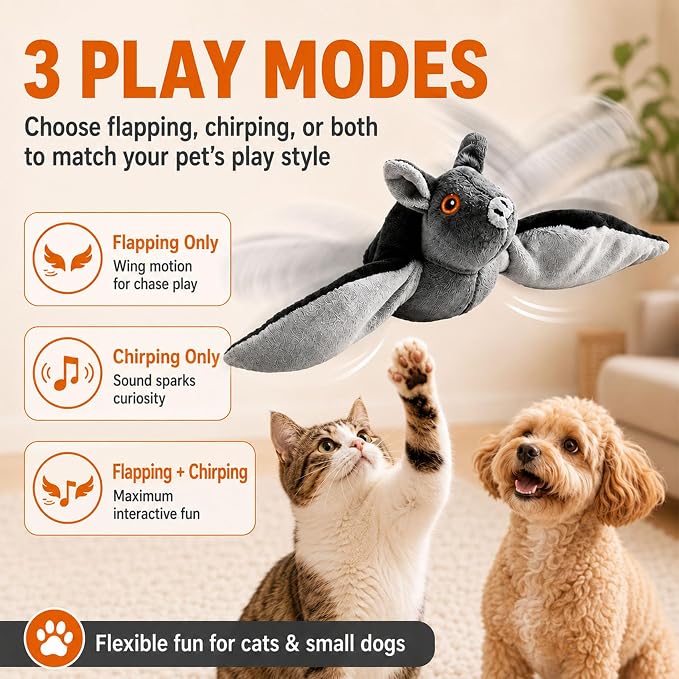 Flying Bat Dog Toy, Flying Bat Toy for Dogs & Cats with Flapping Wings and Chirping Sound, Motion-Activated Interactive Pet Toy for Hanging, Ground and Indoor Chase Play (3PCS)