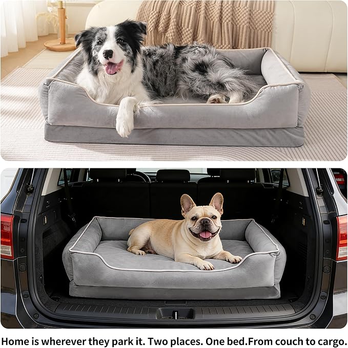 FAIRYPET Orthopedic Dog Bed for Medium to Large Dogs & Cats, Memory Foam Dog Bed with Washable Removable Cover, Top-Grade Dutch Velvet Fabric Pet Sofa Couch for Crate with Nonskid Bottom, Grey