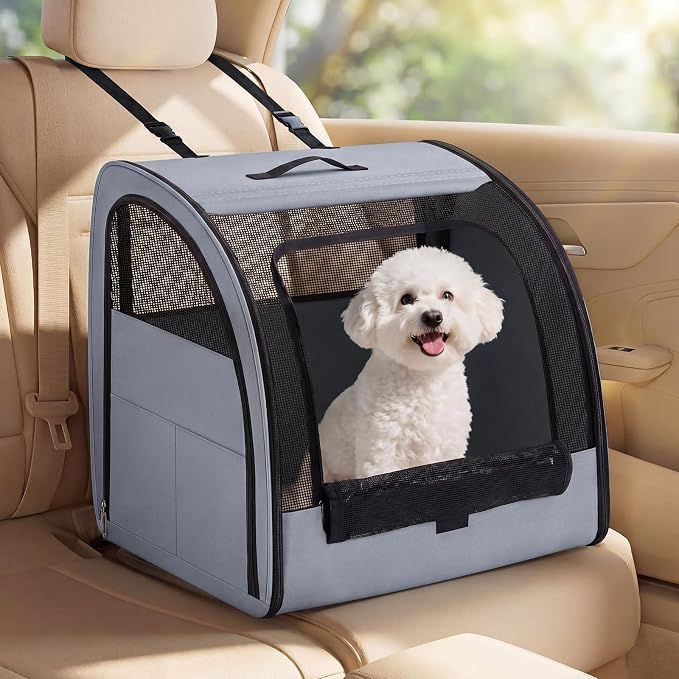 Dog Car Crate, Enclosed Foldable Cat Car Seat Carrier, 20x19x19.5in, Gray | Portable Dog Cat Carrier with Seatbelt Attachment & Headrest Strap, Soft-sided Pet Kennel with Bed for Pet Travel up to 25 lb
