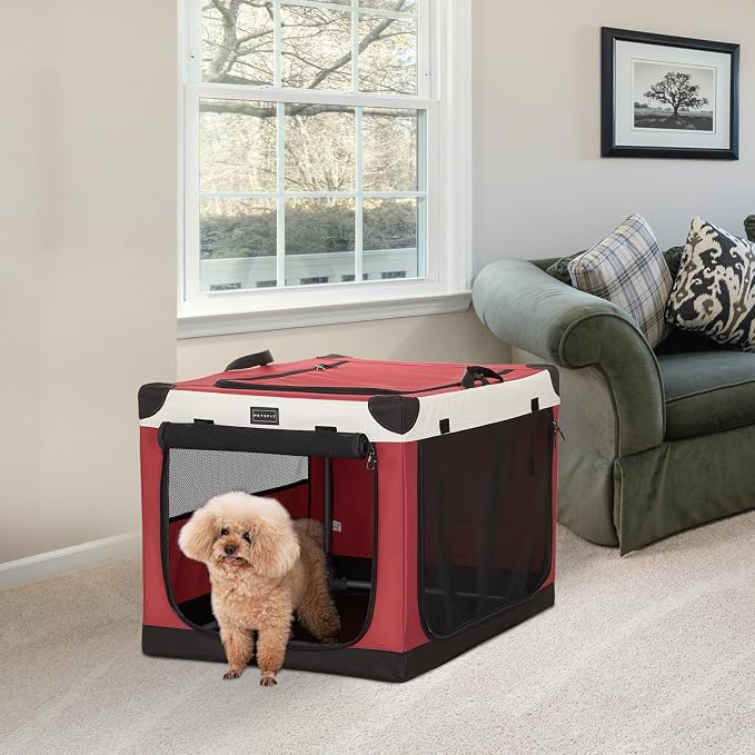 PETSFIT 26" Soft Portable Dog Crate – Patented Spiral Sturdy Frame, Collapsible Travel Kennel for Small Dogs, 3 Mesh Door, Lockable Zippers, Indoor & Car Use Red