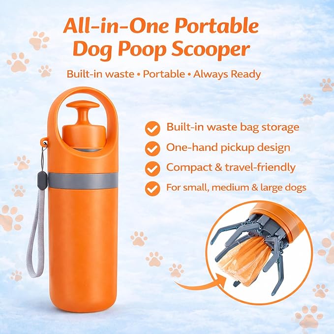 Dog Pooper Scooper for Large Small Dogs - Portable Eco-Friendly Lightweight Poop Scooper for Dogs, Mini Waste Picker for Lawn, Grass, Gravel, and Easy to Carry (7.4 x 2.8in) Orange