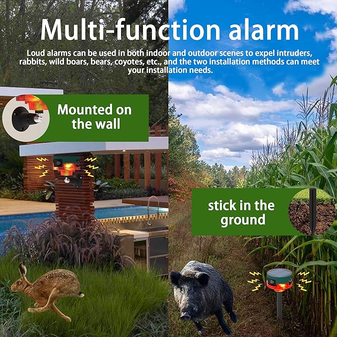 Solar Outdoor Motion Sensor Alarm - Dog Barking&Gunshot Sound, 13 Kinds of Sound Strobe Light, 130db Loud Noise Maker, Support Recording, Keep Unwanted Explorers at Bay (1 Pack)