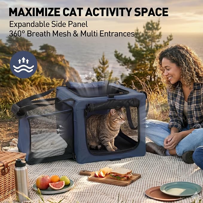 Rolling Cat Carrier with Wheels, 16.5 x 13 x 11.8 in, Navy Blue | Expandable soft-sided carrier with detachable wheels, telescopic handle and breathable mesh for cats and small dogs