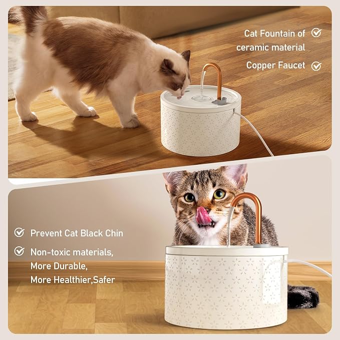 MISFANS Ceramic Cat Water Fountain, 2.1L/71oz, Firework-Embossed Design | All-Ceramic Bowl and Lid, Pure Copper Spout, Under 20dB Pump, Dual Filtration, 2 Flow Modes, 3 Filters and Sponge
