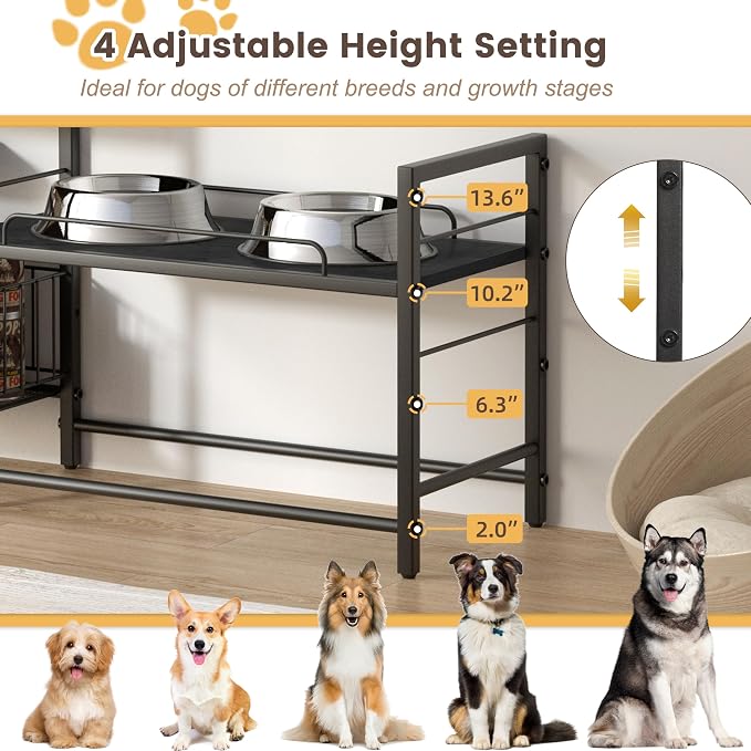 Elevated Dog Bowl Stand with 2 Feeding Stations, Adjustable Raised Feeding Station Cabinet with Toy Bin Basket, Lifted Food and Water Bowl Holder, Pet Storage Organizer for Large Medium Small Dogs