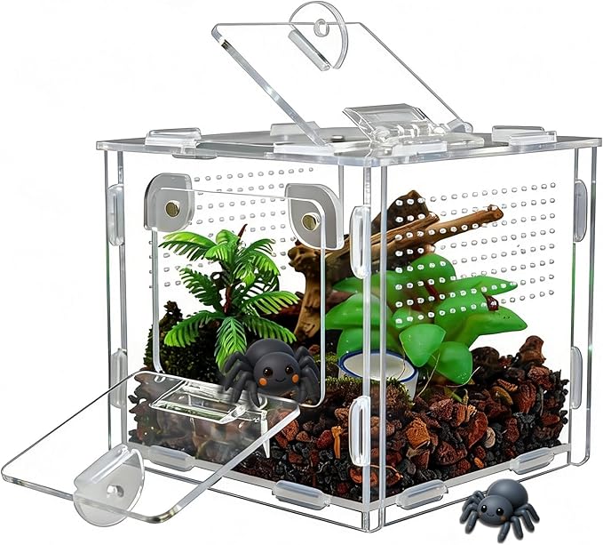Jumping Spider Enclosure, Small Reptile Terrarium for Tarantula Hermit Crab Praying Mantis, Acrylic Insect Habitat with Magnetic Front & Top Opening (4.52" x 4.52" x 4.52")