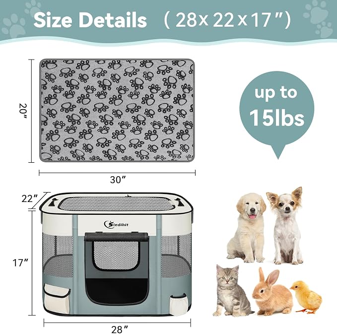 Siedihit Dog Playpen, Cat Pet Puppy Crate, Portable Playpens Indoor Outdoor (Grey with Blanket, Small)
