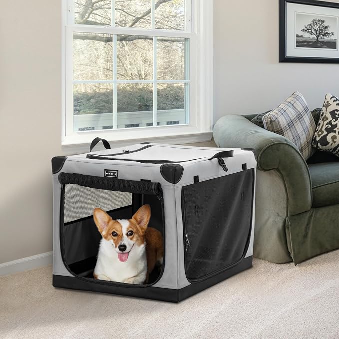 PETSFIT 30" Soft Portable Dog Crate – Patented Spiral Sturdy Frame, Collapsible Travel Kennel for Medium Dogs, 3 Mesh Door, Lockable Zippers, Indoor & Car Use Gray