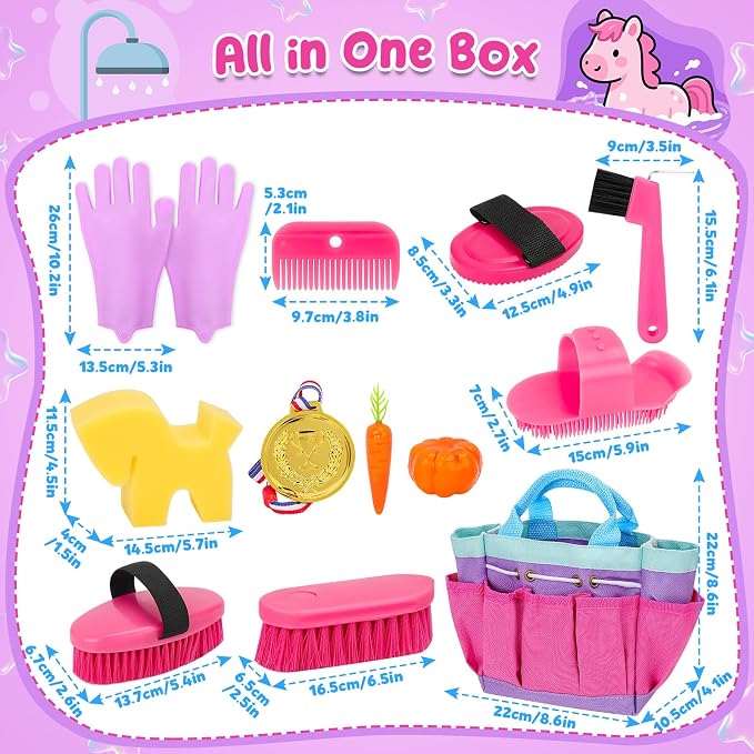 deAO Horse Grooming Brush Kit 12Pcs Horse Tack with Tote Bag,Care Tool,Pink | Realistic Horse Cleaning Playset,Includes Gloves,Tail Comb,Body Brush,Gift for Horse Riders Beginners for Boys Girls Ages3+