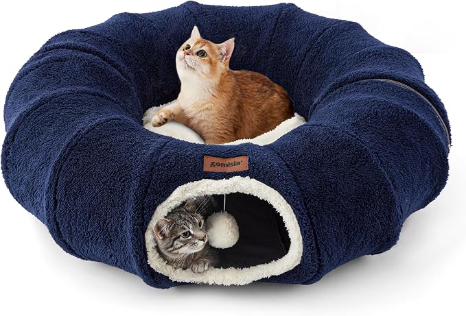 ZOMISIA Cat Tunnel Bed for Indoor Cats, Cute Cat Donut Toy Tunnel for Small Large Cats with Washable Circle Cushion, Peekaboo Pet Cave Play Tunnel for Kitten, Puppy, Navy Blue