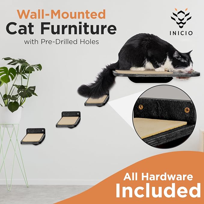 INICIO Cat Shelves - Feeding Shelf with 3 Cat Wall Steps - Natural Wood | Cat Wall Shelves with Wall Mounted Cat Food Bowls - Dog Proof Feeding Station and Convenient Feeder for Cats up to 15lbs