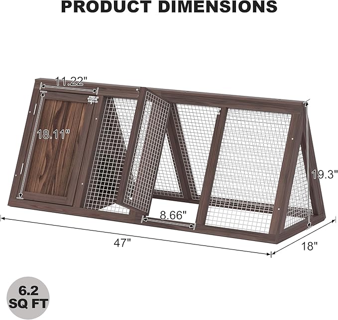 Small Chicken Coop, Rabbit Hutch Outdoor, Wooden Triangle Rabbit Cage with 2 Door & Poultry Run, Portable Bunny Hutch for Chicken, Rabbit, Guinea Pigs, Hedgehog, Small Animals (Rustic Brown)