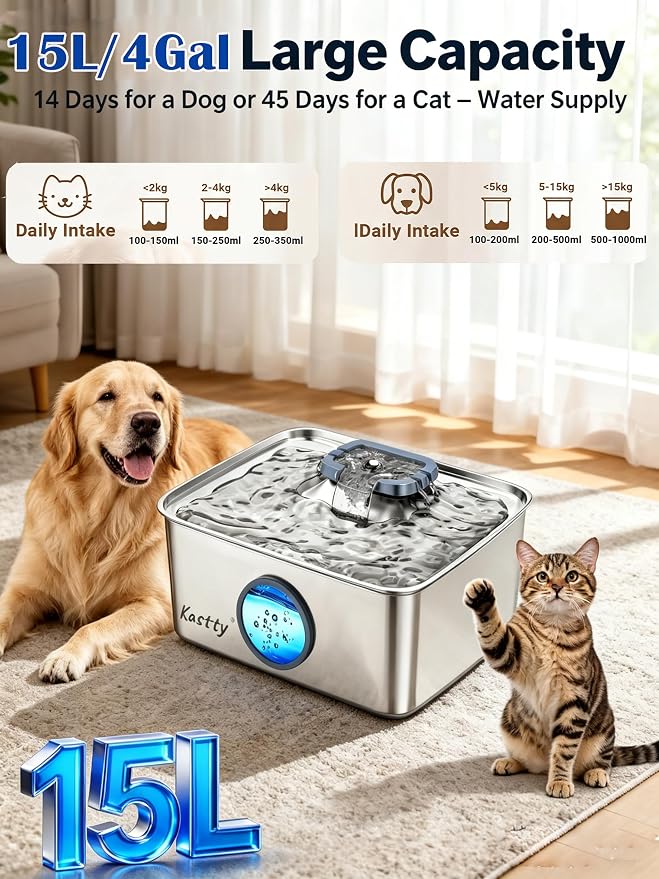 Kastty 15L/4 Gal Stainless Steel Dog Water Fountain for Large Dogs | Ultra-Quiet Automatic Pet Water Fountain with Water Level LED Light,Easy Cleaning Dog Water Bowl Dispenser for Multi-Pet FS79
