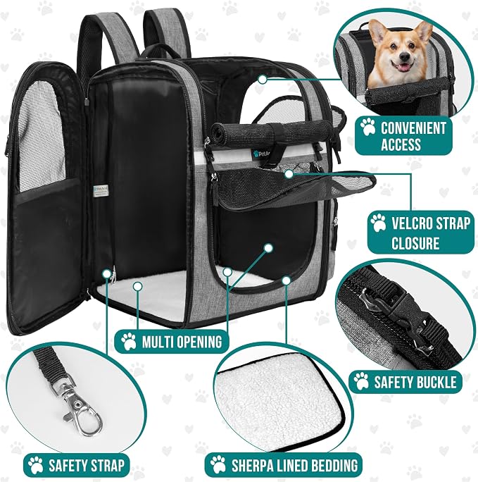 PetAmi Dog Backpack Carrier for Cats, 4-Way Entry Ventilated, 18 lbs, Gray | Sherpa Bed Included, Foldable Load-In Top, Safety Reflective Strap, Breathable Mesh, Poop Bag Dispenser, Padded Back Support