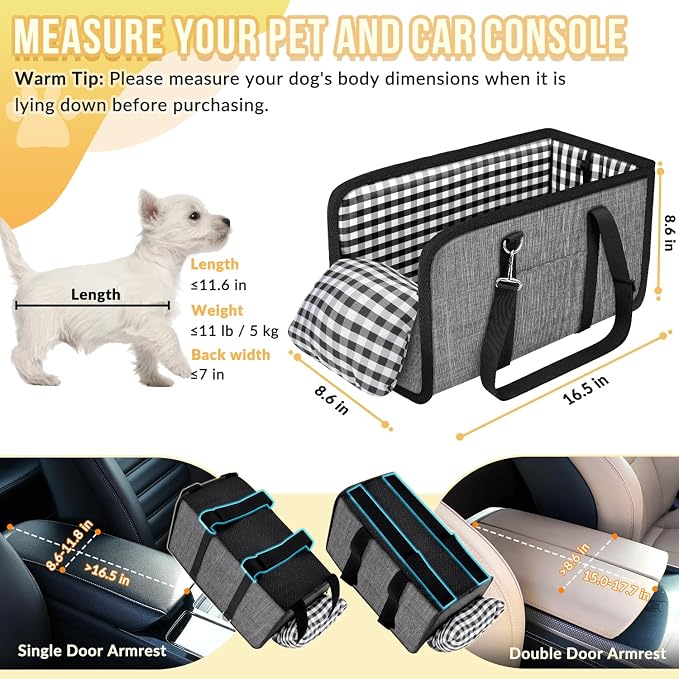 SlowTon Console Dog Car Seat, Dog Booster Seat for Small Dogs Under 11lbs | Portable, Sadety Features for Anti-Collapse , Hard Bootm for Excellent Support, with Washable Cushion Built in Safety Belt