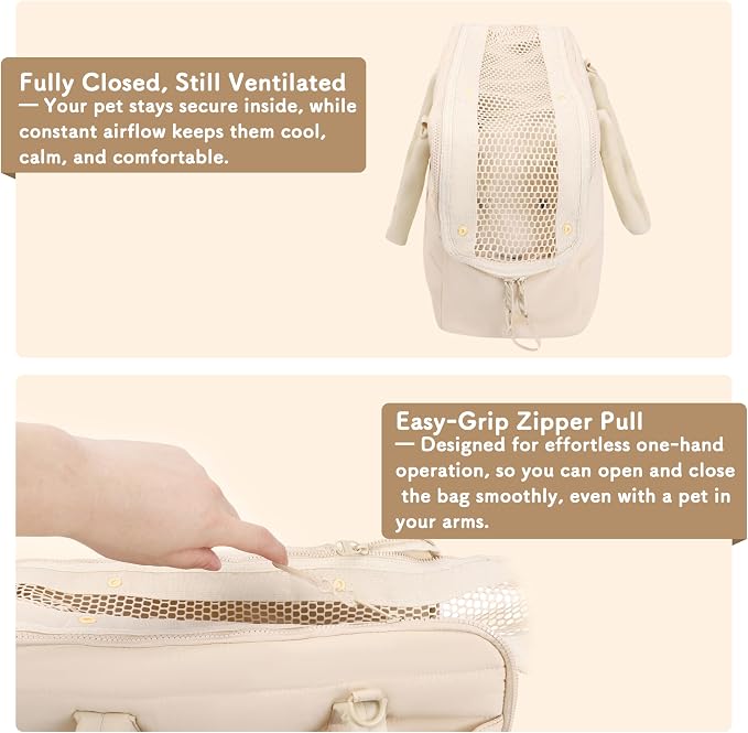 Dog Purse Carrier for Small Dog Cat Rabbit up to 13 lbs, Lightweight Portable Soft Sided Pet Purses, Quilted Puffy Tote Puppy Carrier with Large Pockets for Hiking, Travel, Vet Beige