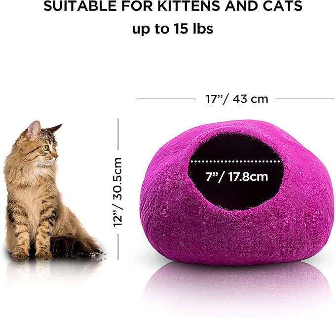 Luxurious Merino Wool Cat Cave - Foldable Hideaway Pod for Indoor Cats - Premium Felt Kitten Pet Enclosure - Covered Cat House for Ultimate Cozy Comfort by Woolygon (Purple Plain)