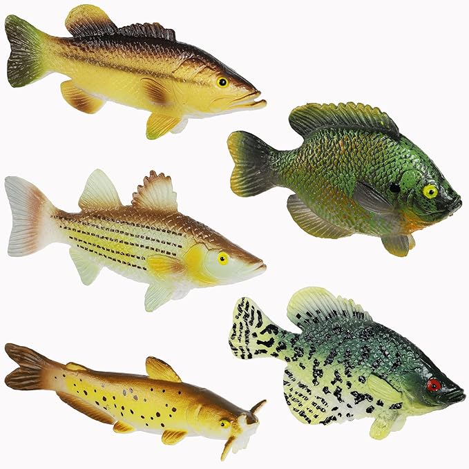 Toy Fish Factory American Angler Collection Toy Fish Set, Toy Fish Figurines, Largemouth Bass Catfish Bluegill Crappie Striper, Educational Toy, Fish Cake Topper, 3” Long