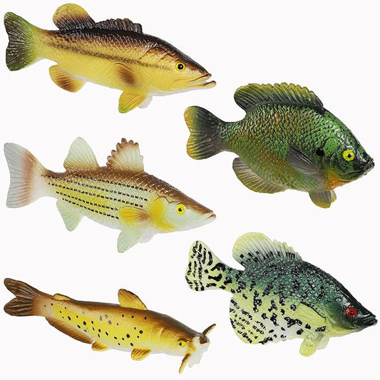 Toy Fish Factory American Angler Collection Toy Fish Set, Toy Fish Figurines, Largemouth Bass Catfish Bluegill Crappie Striper, Educational Toy, Fish Cake Topper, 3” Long