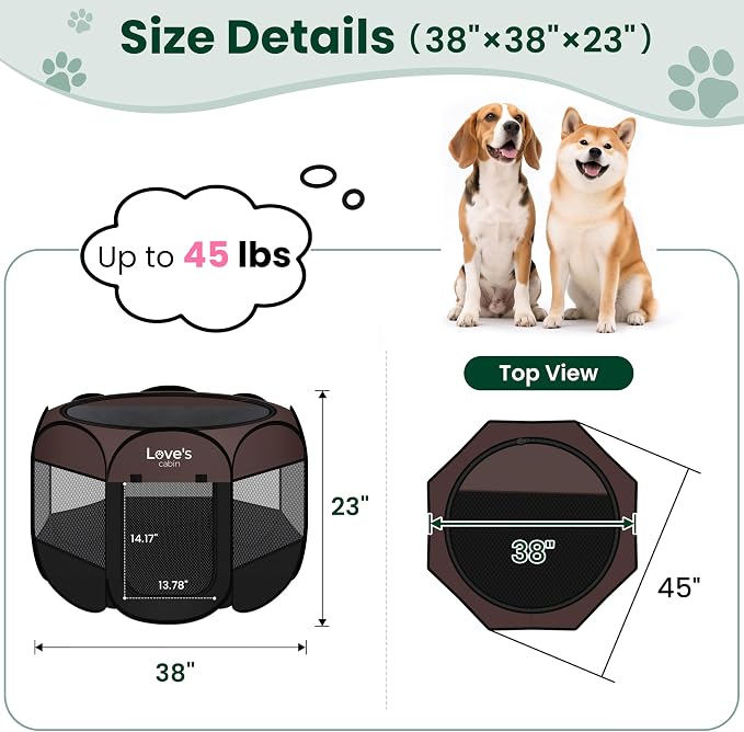 Love's cabin Pet Puppy Dog Playpen, Large Dog Tent Crates Cage Indoor/Outdoor, Portable Playpen for Cat, Foldable Pop Up Dog Kennel Playpen with Carring Case, Removable Zipper Top, Brown