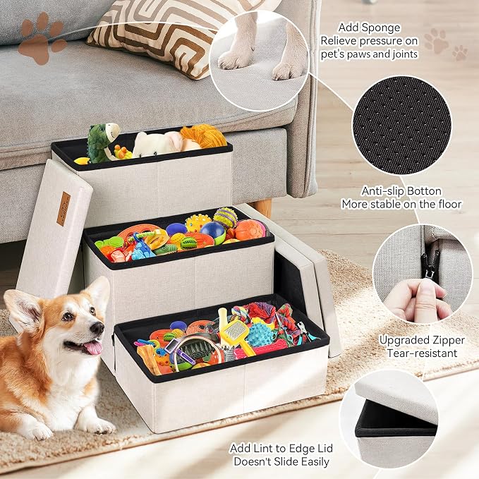 Zerbuger Dog Stairs with Storage, Beige 3 Steps Dog Ramp no Condo for Bed | 18" H Wider Dog Steps for High Beds Couch, Folding Storage Pet Stairs Gift for Climbing Small/Medium/Large Old Dogs Cats