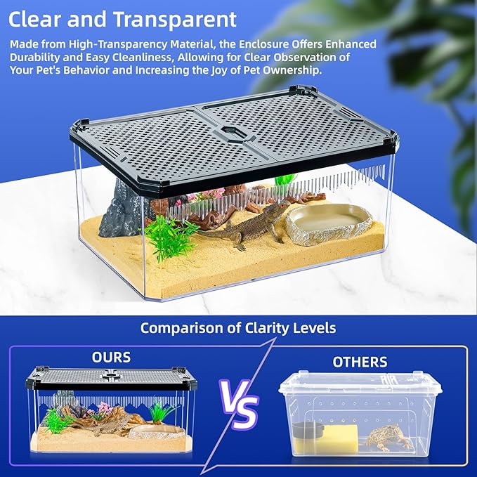 High-Transparency Reptile & Insect Enclosure Terrarium with Magnetic Door, Excellent Ventilation, Easy Cleaning, and Strong, Long-Lasting Build for Cricket,Frog,Insect House Gecko, Black,9.3 in