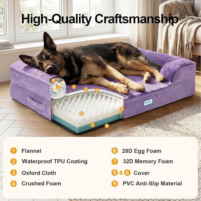 OhGeni Orthopedic Extra Large Dog Bed Couch, Memory Foam, 44-inch (Purple) | Waterproof Pet Bed with Machine-Washable Removable Cover & Soft Comfortable Fabric