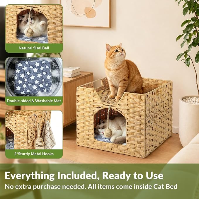Handwoven Rattan Cat Bed Indoor Kitten, Cat Bed Cave with Cushion, Sisal Ball & S-Shaped Hooks, Foldable Hideaway Cat House for Bedroom Living Room, Natural