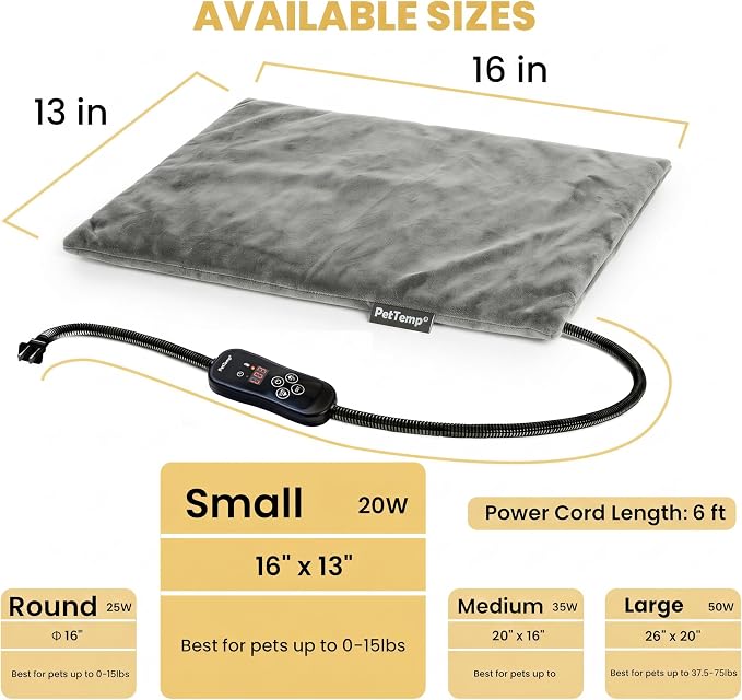 Cat Heating Pad, Heated Cat Bed with 5 Heat Levels, Timer & Auto Shut-Off, Waterproof Warmer with Thick Fleece Cover, Chew-Resistant Cord, for Indoor & Sheltered Outdoor Use (Gray, Small)