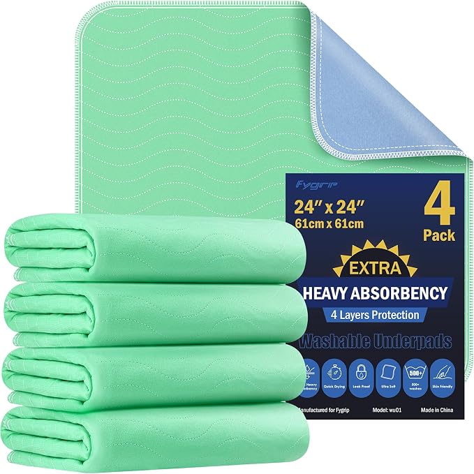 4 Pack 24” x 24” Extra Heavy Absorbency Washable Underpads Bed Pads | WaterProof Nursing Pads Incontinence, Reusable Washable Pee Pads for Dogs, Diaper Changing & Adults, Washable Puppy Pads