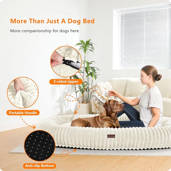 Human Dog Bed for Adult, Orthopedic Gel Memory Foam, 71"x47"x9" | Human Dog Bed Fits Adult & Pets, Reversible Egg-Crate Foam Cushion, Washable Pet Bed with Blanket, Beige