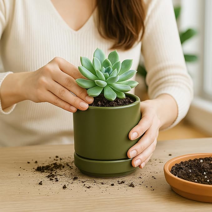 D'vine Dev 4.7 Inch Ceramic Planter Pot, Olive, 94-O-B-J | Modern Cylinder Design, Drainage Hole & Saucer Included, Stable Structure, Elegant Home Accent