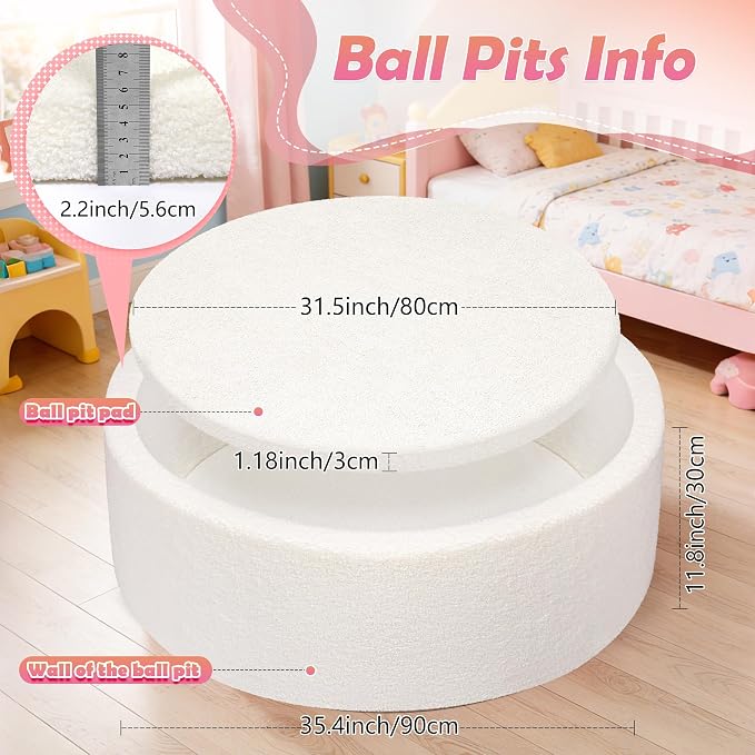 Imitation Teddy Foam Ball Pits 35.4"x 11.8" Soft Round Playpen for Toddlers Pets with Soft Memory Sponge for Babies Indoor and Outdoor Game White(Balls not Included)